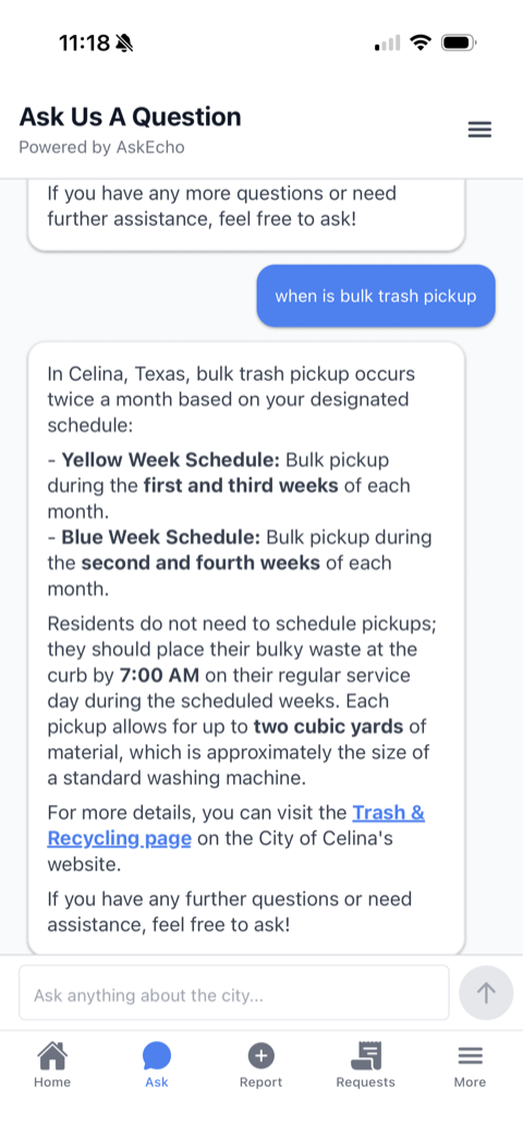 AskEcho in-app chat answering a resident's question about bulk trash pickup in Celina, with a link to the city website