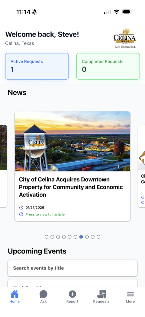 Celina, Texas resident app home screen showing city news and active service requests
