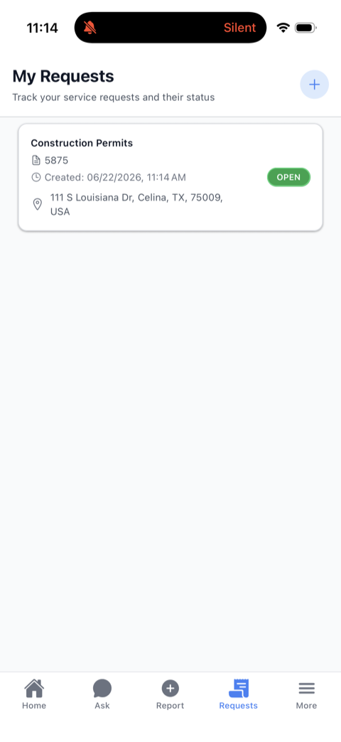 My Requests screen tracking the status of a construction permit request